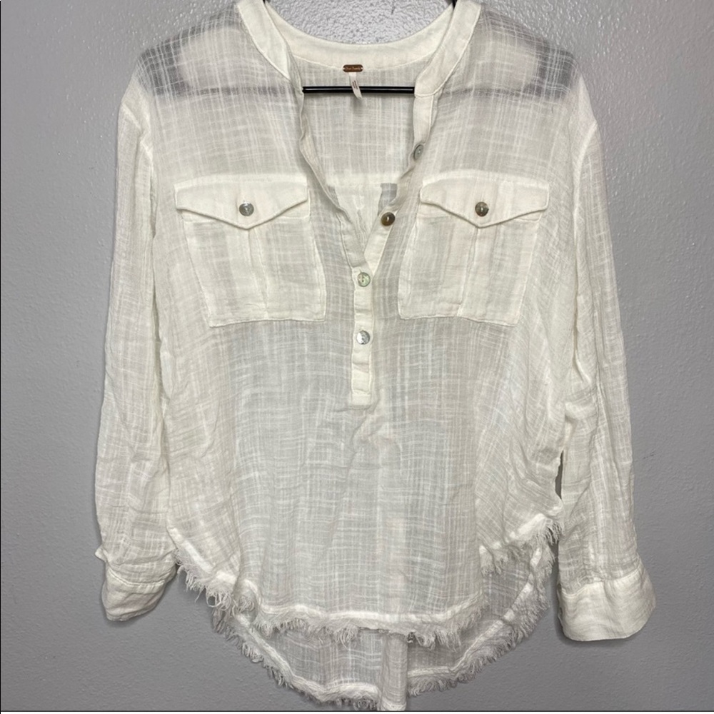 Free People White Semi-Sheer Botton Down Top